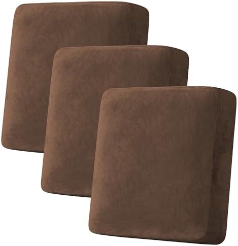 H.VERSAILTEX Velvet Stretch Couch Cushion Cover Plush Cushion Slipcover for Sofa Cushion Furniture Protector Seat Cushion Sofa Cover (3 Piece Sofa Cushion Covers, Caramel Cafe) by HVERSAILTEX