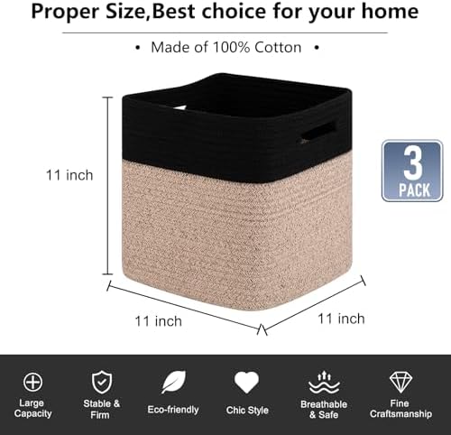 OIAHOMY Storage Cubes 11 Inch Storage Bin 3-Pack Square Basket Black&Brown - Image 3