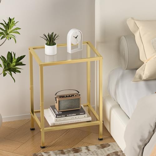 Glass Side Table, Tempered Glass End Table, 2-Tier Nightstands with Open Shelves, Small Coffee Table with Modern Style, Accent Table Small Table Sofa Table for Living Room, Bedroom,Gold - Image 6