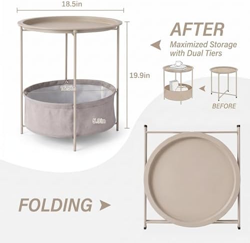 VECELO Round Side/End Table with Fabric Storage Basket，Metal Anti-Rust and Waterproof Small Bedside Nightstand with Removable Tray Top for Living Room，Balcony & Laundry，Grey /1pcs with Basket - Image 3