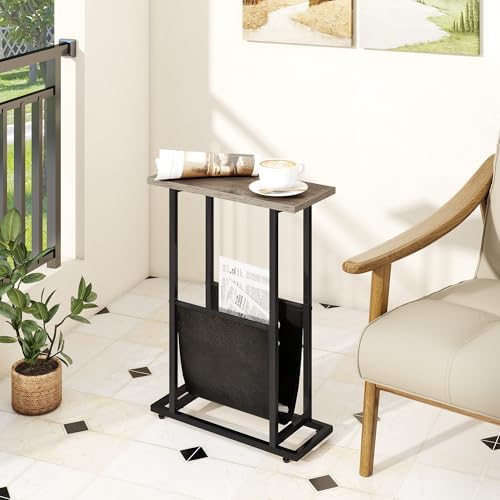 Acovy Narrow Side Table for Small Place,Metal Table with PU Leather Bag,Slim Nightstand for Reading Or Storage,Sofa Side Table for Living Room,Bedroom,Gery - Image 6