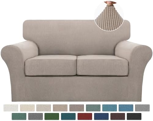 Turquoize 3 Piece Sofa Covers for 2 Cushion Couch Sofa Slipcover Soft Couch Cover for Dogs-Washable Sofa Furniture Covers with 2 Individual Cushion Covers, Thick Jacquard Fabric (Loveseat, Sand) by Turquoize