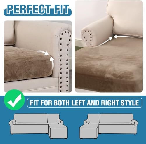 H.VERSAILTEX Velvet Stretch Sectional Couch Cover - 4 Pieces for L Shape Sofa With Separate Seat Cushion Covers - Fits Both Left/Right Sectional (Large 3 Seater + 1 Chaise, Camel) - Image 6