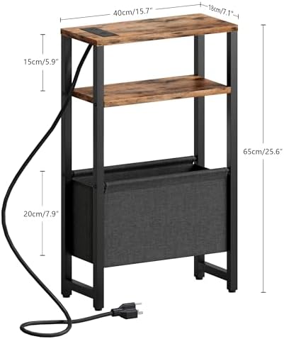 Narrow Side Table with Charging Station Slim End Table Sofa with Magazine Rack, Bedside Table for Small Spaces, 3 Tier Nightstand for Living Room Couch, Bedroom Rustic Brown LET503RE - Image 3