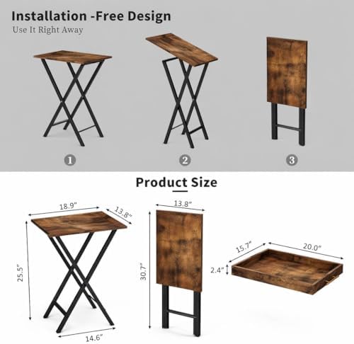 Folding TV Tray Tables, Set of 2 Side Table for Small Place, Snack Eating Tables at Couch, Folding Tables with Removable Serving Tray, Rustic Brown - Image 3
