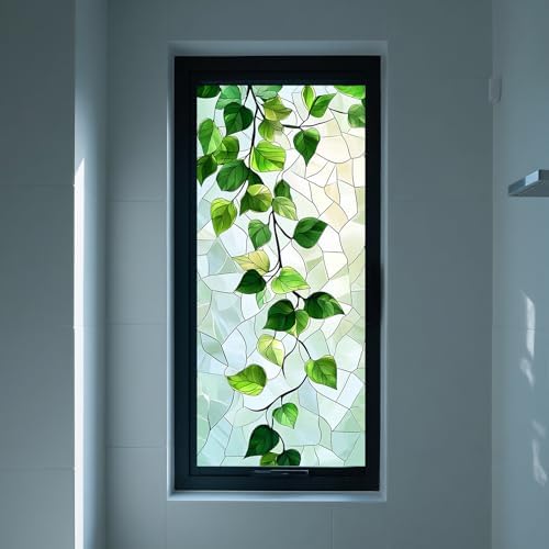 IVN Privacy Window Film Stained Glass Window Cling Green Leaf Design - Image 6