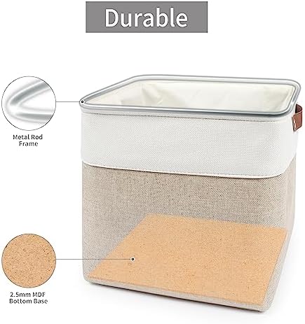 Bagnizer 13x13 Cube Storage Bins, Collapsible Fabric Storage Box, 4 Pack Closet Baskets with Handles for Organizing, Shelf, Toys, Clothes, Home, Office, Nursery (Beige&White) - Image 4