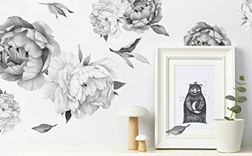 Peony Watercolor Wall Decals (Black and White Watercolor) - Flowers Decals for Wall - Botanical Bedroom Decor - Floral Peonies Grey Wall Stickers with Test Sample - Image 2