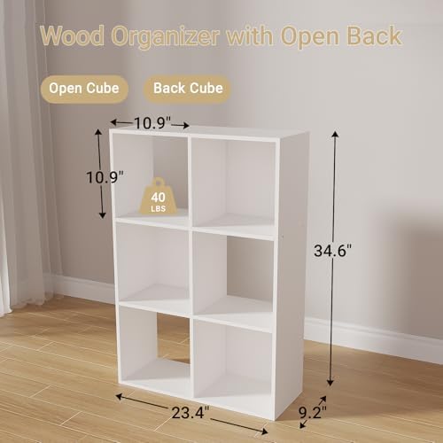 6-Cube Storage Organizer,DIY Open Back Bookshelf,High Hardness Wood Cubby Bookcase for Home Office Bedroom Living Room,Tall Shelf for Books Toys Vinyl Records (White, 6-Cube) - Image 3