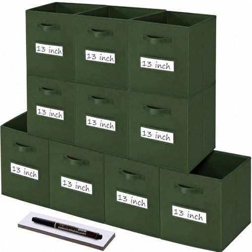 Storage Bins,13" Cube Storage Bin with Labels,10pcs,Dark Green by Anyoneer