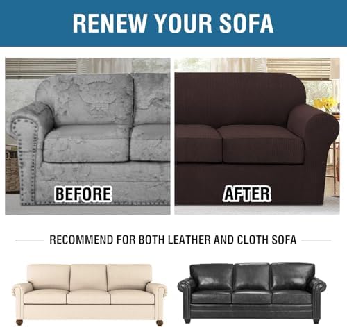H.VERSAILTEX 4 Piece Stretch Sofa Covers for 3 Cushion Couch Covers for Living Room Furniture Slipcovers (Base Cover Plus 3 Seat Cushion Covers) Thicker Jacquard Fabric (Large Sofa, Chocolate) - Image 7