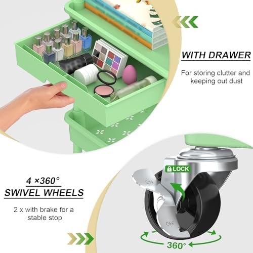 Goovilla 3 Tier Rolling Utility Cart Organizer with Removable Drawer, Green - Image 2