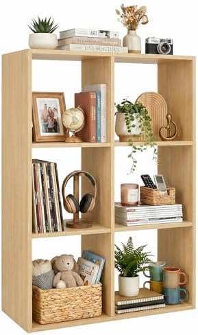 WannabeMyself【Sturdy Build&Easy Assembly】6 Cube Storage Organizer with Anti-Tipping Kits,Reversible Open Back Book Shelf, Bookcase for Living Room,Bedroom,Entrance Hall,Office,24.1×11.4×35.9,Oak Color by WannabeMyself
