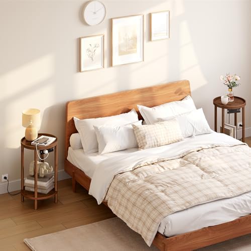 HOOBRO Small Round Side Table with Charging Station, 2-Tier Round Bamboo End Table, Compact Sofa Bedside Table for Small Space, Easy Assembly, for Living Room, Bedroom, Apartment, Mocha MA156UBZ01 - Image 6