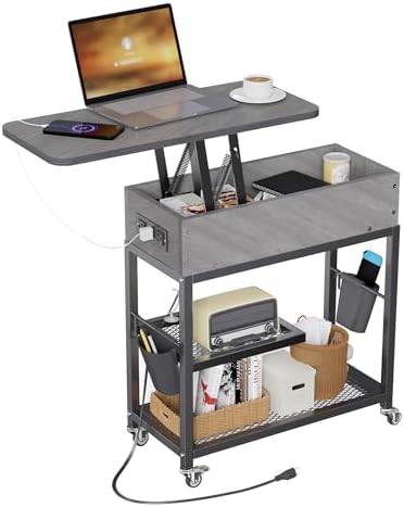 Colima Lift Top End Table with Charging Station and Wheels, Gray by Colima
