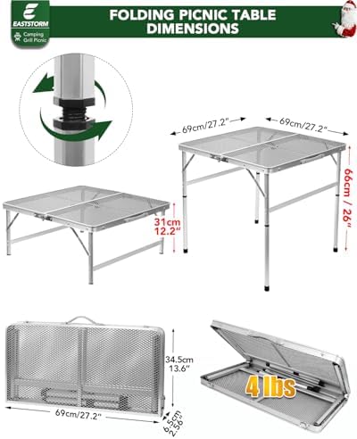 Square Folding Card Table with Adjustable Height (12" & 26"), Silver Portable Metal Mesh Table for Camping, BBQ, Picnic, Game, Patio & Indoor Use, Fits 2–4 People, Lightweight 7.6 lb, Supports 66 lb - Image 3