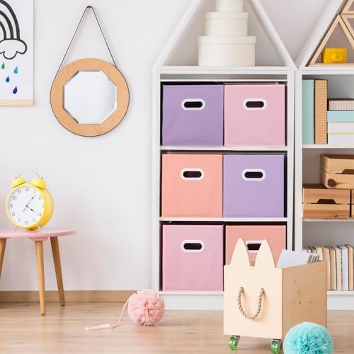 Stero Fabric Storage Cubes Bins, 11 inch Fun Colored Foldable Storage Baskets with Dual Plastic Handle for Home, Kids Room, Closet and Toys Organization, Multi Colored, Set of 6 - Image 4