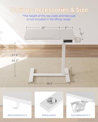 YIHAYO 28 x 16 Inches Electric Adjustable Overbed Bedside Table, White - Image 3