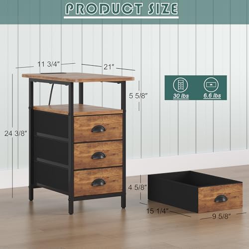 sthmec End Table with Charging Station, Side Tables Livingroom with USB Ports and Outlets,Narrow Nightstands Bedside Tables with 3 Drawers for Small Space,Slim Sofa Table Bedroom,Rustic Brown - Image 3