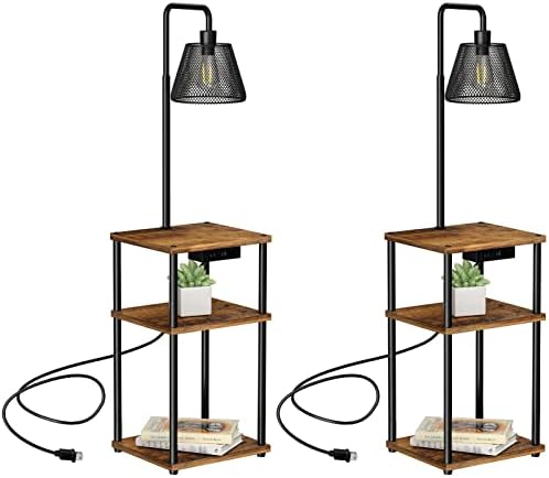 Floor Lamp with Table, Side Table with USB Charging Port and Outlet, Modern Bedside Nightstand End Table with Floor Light for Living Room, Bedroom, Guest Room, Bulb Included, 2 Pack by Pazarfami