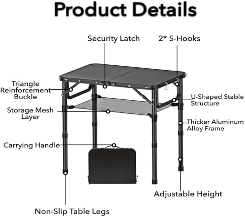 YihuiKo Small Folding Camping Table with Storage Net, Adjustable Heights - Image 4