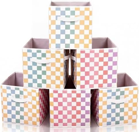 Bokon 6 Pcs 11'' Colorful Gingham Fabric Storage Cubes Foldable Cube Bins by Bokon
