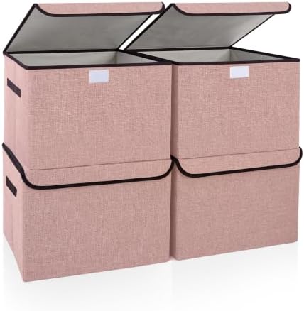 Bagnizer Linen Fabric Foldable Storage Cube Bin Organizer Basket with Flip-Top Lid & Handles, Large Clothes Blanket Box for Home, Office, Closet, Pink, 4 Pack 14.6 x 9.5 x 9.5” by Bagnizer