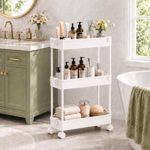 SPACEKEEPER Slim Rolling Storage Cart, 3 Tier Bathroom Cart Organizer,White by SPACEKEEPER