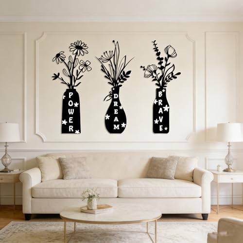 3 Pack Floral Vase Wall Decals - Power Dream Brave Inspirational Stickers, Removable Black Vinyl Wall Art for Bedroom, Living Room, Home Office, Apartment Dorm Decor - Image 2