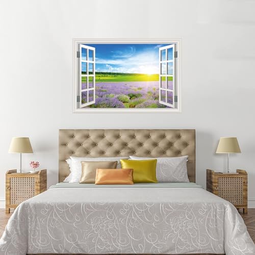Fake Window Wall Decal- Summer Grassland Lavender Flower Open Wall Sticker | Faux Window Natural Scenery Landscape Mural｜Stick and Peel Wall Decals｜for Home Room Bedroom Office Scene Decor｜24"x16" - Image 4