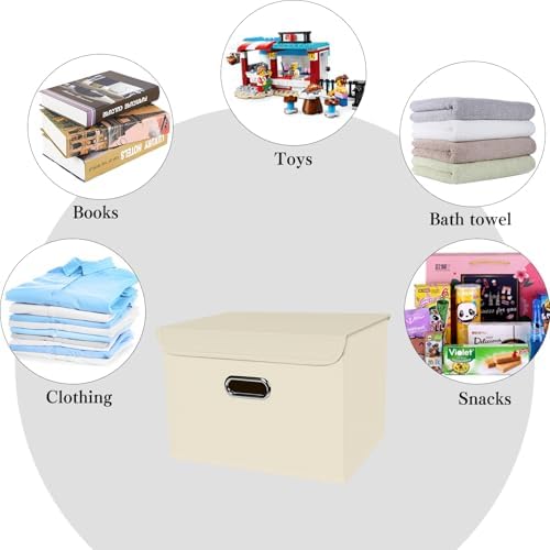 1-Pack Large Collapsible Storage Bins with Lids,Fabric Storage Cubes Organizer for Shelves,Closet,Nursery,Foldable Cube Storage Baskets with Handles,Home Boxes (14.9"x9.8",Creamy-White) - Image 3