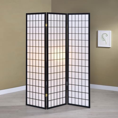 Coaster Home Furnishings - Carrie - Solid Wood - 3-Panel Folding Shoji Screen Room Divider with Black Frame, Linear Grid Design and Metal Hinges - Living Room - Black and White - 4622 - Image 2