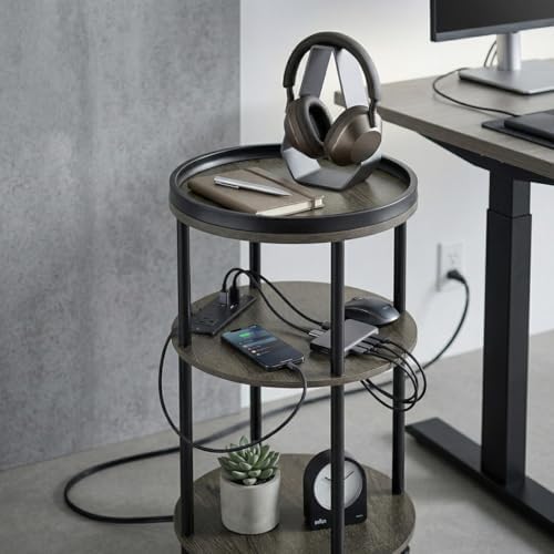 Small Round Side Table with Charging Station for Small Spaces, 3-Tier Accent Table with USB Ports & Power Outlets, Sofa Corner Tea Table for Living Room Nightstand Bedroom Apartment (Grey) - Image 6