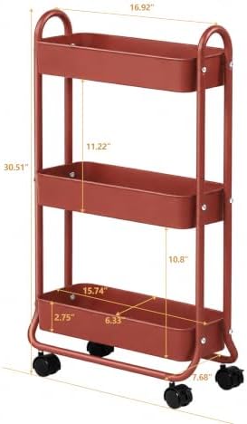 SunnyPoint Slim Rolling Storage Cart, 3 Tier Bathroom Storage Organizer Bathroom, Laundry Utility Cart (RED) - Image 4