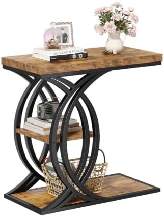 C Shaped End Table, Bed Side Table, 3-Tier Side Table with Metal Frame, Wood End Table with Storage for Living Room, Couch, Sofa, Bedroom, Easy Assembly, 23.6" D*11.8" W*23.6" H, Rustic Brown by Unknown