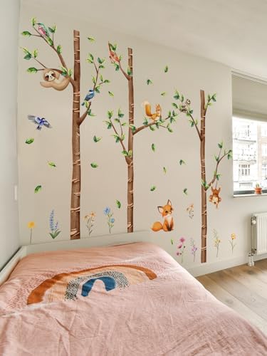Woodland Animal Wall Stickers Decal - Watercolor Sloth Squirrel Bird Leaf Peel & Stick Removable Wall Art Decoration for Bedroom Living Room Playroom Nursery,111 cm x 150 cm - Image 3