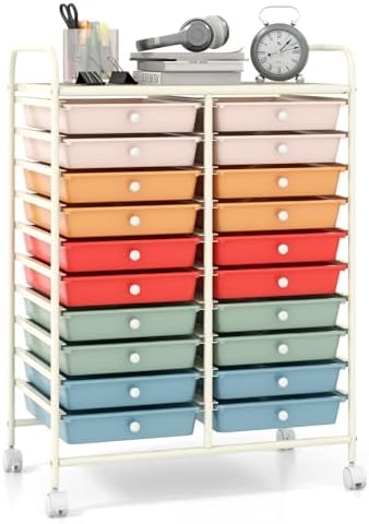 Giantex 20 Drawers Rolling Cart, Mobile Storage Drawer Cart, Classroom Organizer Cart for Office School Supplies Teacher Tools Scrapbook Paper Craft Small Printer, Utility Cart on Wheels, Macaron by Giantex