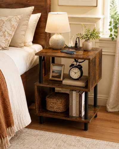 Frylr Side Table, Night Stand and End Table with Power Outlets and USB Ports, Strong Metal Frame, 44lb Capacity per Tier and Leveling Feet for Bedroom, Bedside, Living Room Small Space, Rustic Brown - Image 3