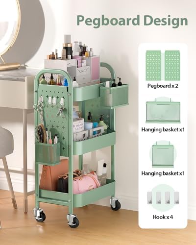 ALVOROG 3 Tier Metal Rolling Utility Cart with Pegboards,Baskets,Hook,Green - Image 2