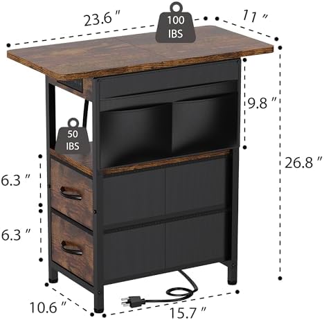 Yenlure Small Side Table with Charging Station, Narrow Nightstand Bedside Tables with Storage Pocket for Living Room Bedroom, Sofa End Table with USB Ports and Power Outlets for Small Spaces - Image 3