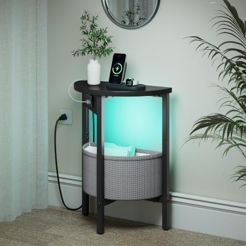 Vagusicc Round Side Table with Charging Station, Round End Table with Fabric Basket, Accent Table Coffee Table, Set of 2 Half Moon Tables, Bedside Table, Modern LED Nightstand for Living Room, Black - Image 2