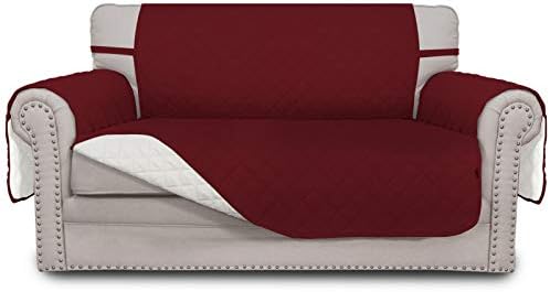 Easy-Going Reversible Loveseat Couch Cover for 2 Cushion Couch Sofa Cover for Dogs Water Resistant Furniture Protector with Foam Sticks Elastic Straps for Pet (Loveseat, Christmas Red/Ivory) by Easy-Going
