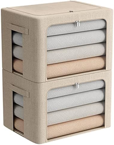 FHSQX 2 Pack Clear Window Storage Bins - Large Stackable Linen Fabric Storage for Clothes Foldable Container Organizer Set with Carrying Handles (Beige, 19.7x 15.7x 12.6 Inch) by FHSQX