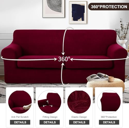 U-NICE HOME 3 Pieces Stretch Couch Cover Sofa Slipcover, Burgundy - Image 4