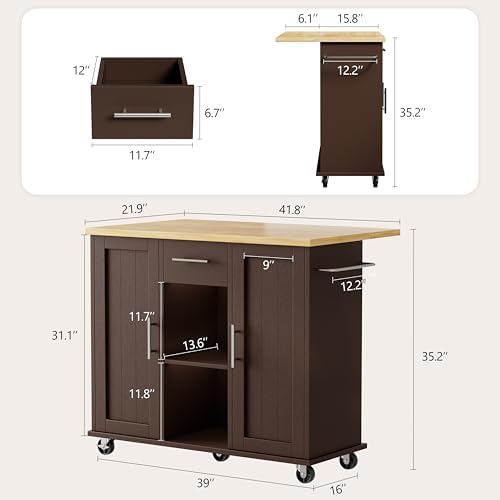 Shintenchi Kitchen Island with Storage, Bar Cart Cabinet Island Table on Wheels, Rolling Microwave Cart for Kitchen with Drop Leaf, Drawers, Towel Rack, Seating Area for Dining Room, Brown - Image 3