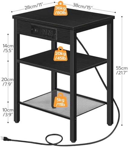 HOOBRO Side Table with Charging Station and USB Port, Small End Table for Small Space, 3-Tier Nightstand with Adjustable Shelf, for Living Room, Bedroom, Black BB112BZ01 - Image 3