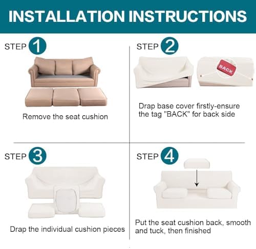 Turquoize 4 Piece Sofa Covers for 3 Cushion Couch Sofa Slipcover Soft Couch Cover for Dogs Washable Furniture Cover with 3 Individual Large Cushion Covers Feature Fabric (Large Sofa, Porcelain White) - Image 6