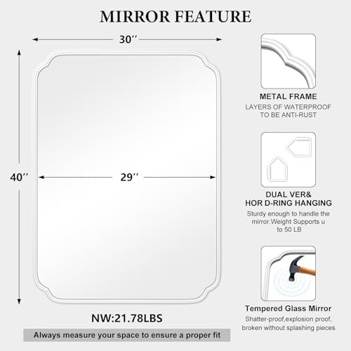 Ferytange White Bathroom Vanity Mirror for Over Sink 30" x 40" Modern Rounded Corner Rectangle Wall Mirror Decorative with Non-Rusting Iron Metal Framed (Horizontal/Vertical) - Image 5