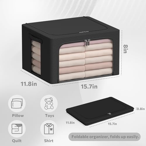 CYhom 3Pack Frame Storage Box - Clothes Storage Bin Bags Oxford Fabric Foldable Stackable Container Organizer Set with Clear Window & Carry Handles (Black, Small-22L) - Image 6