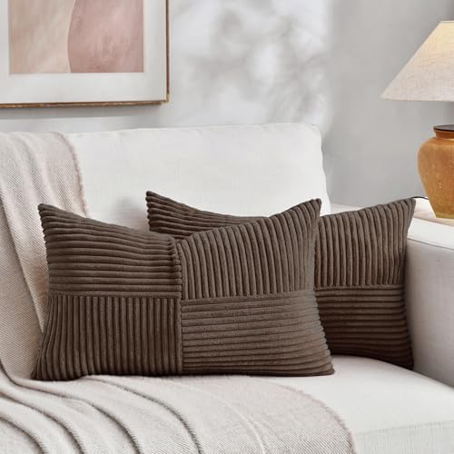 Fancy Homi 2 Packs Dark Brown Lumbar Decorative Throw Pillow Covers 16x32 Inch for Living Room Couch Bed, Rustic Farmhouse Boho Home Decor, Soft Striped Corduroy Rectangle Accent Cushion Case 40x80 cm by Fancy+Homi